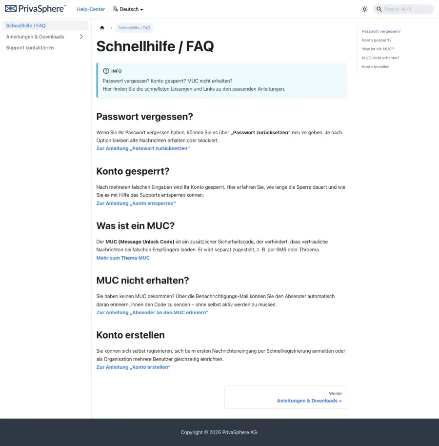 Schnellhilfe im Help-Center von PrivaSphere